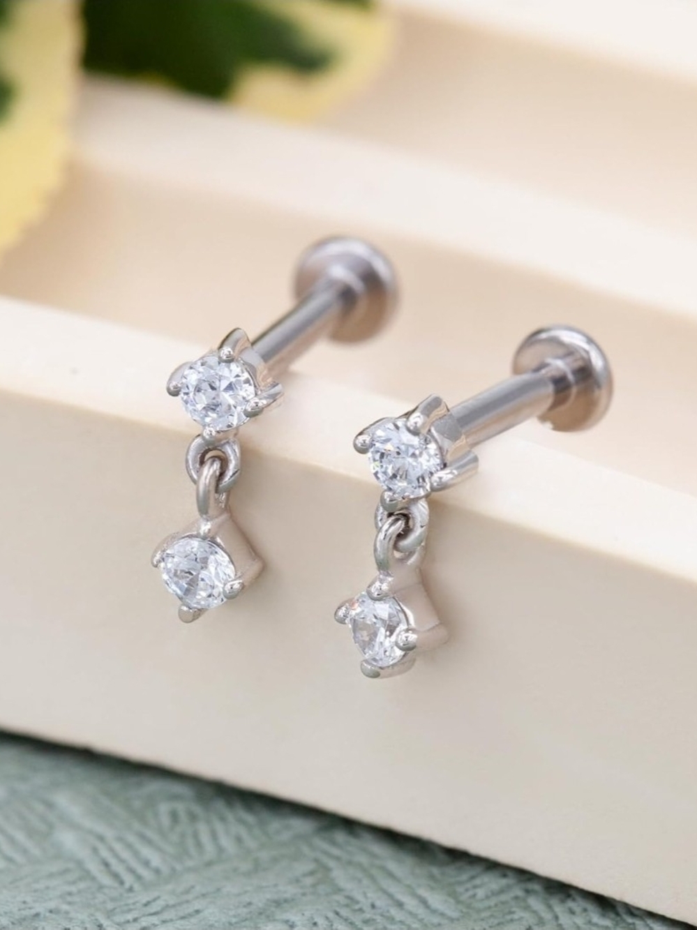 New - Designfy 14K White Gold CZ Mini Dangle Flat Back Earrings